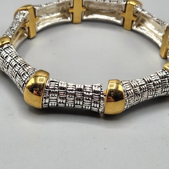 Joan Rivers Stretchy Bangle Silver + Gold Tone Basketweave Chunky One Size - Picture 2 of 7